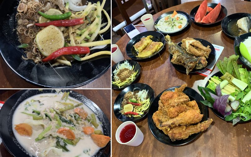 Budu/ saus fermentasi ikan (kiri atas) adalah pelengkap dengan cabai dan lainnya; sayur lemak (kiri bawah); dan set nasi ulam (kanan).
