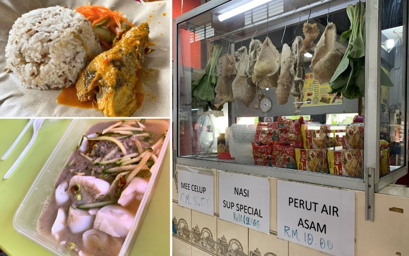 Nasi dagang (kiri atas), gerai perut air asam, dan laksam.