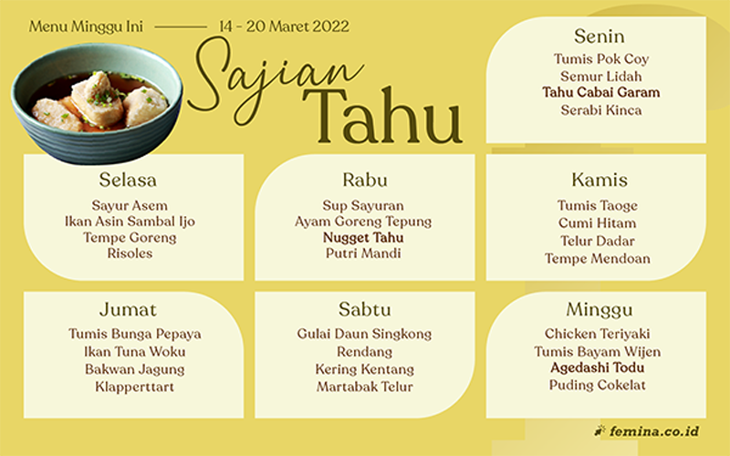 menu mingguan resep tahu