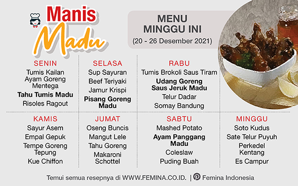 Daftar Menu Mingguan (20-26 Desember 2021): Manis Madu