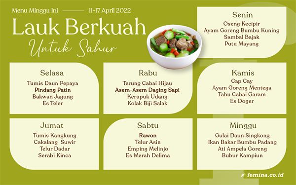 Menu Mingguan (Senin, 11-Minggu, 17 April): Lauk Berkuah untuk Sahur