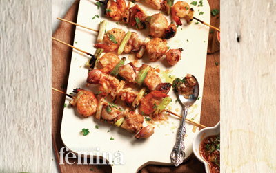 Grilled Spring Onion and Mixed Seafood