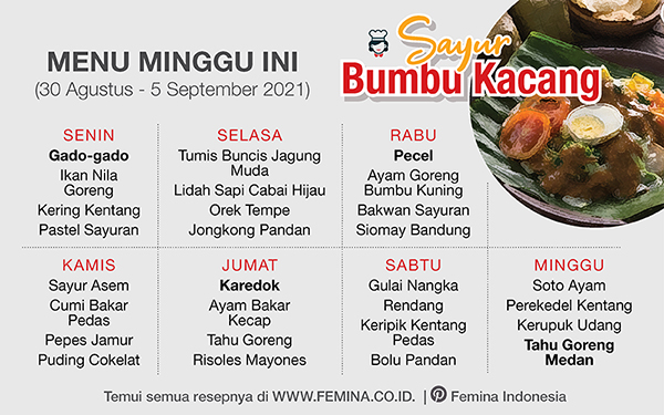 Daftar Menu Mingguan (30 Agustus -  5 September 2021): Sayur Bumbu Kacang